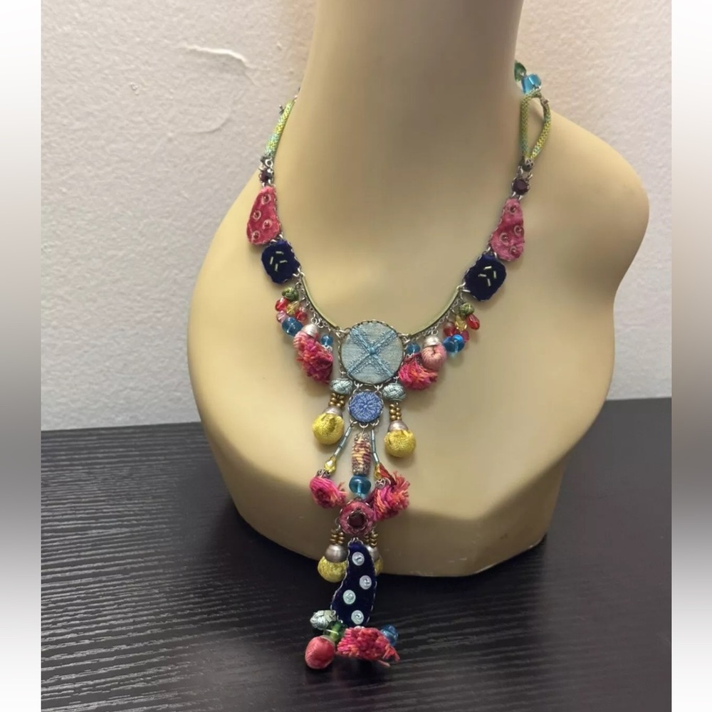Ayala Bar Statement Necklace Boho Fabric Glass Gemstone Vintage Lovely & Special